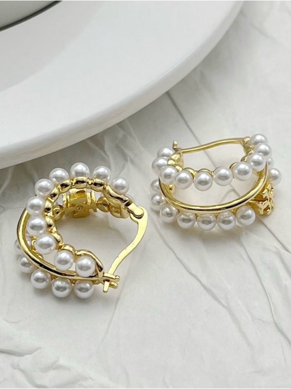 Tory Burch Gold Hoop Earrings with Pearl Clusters